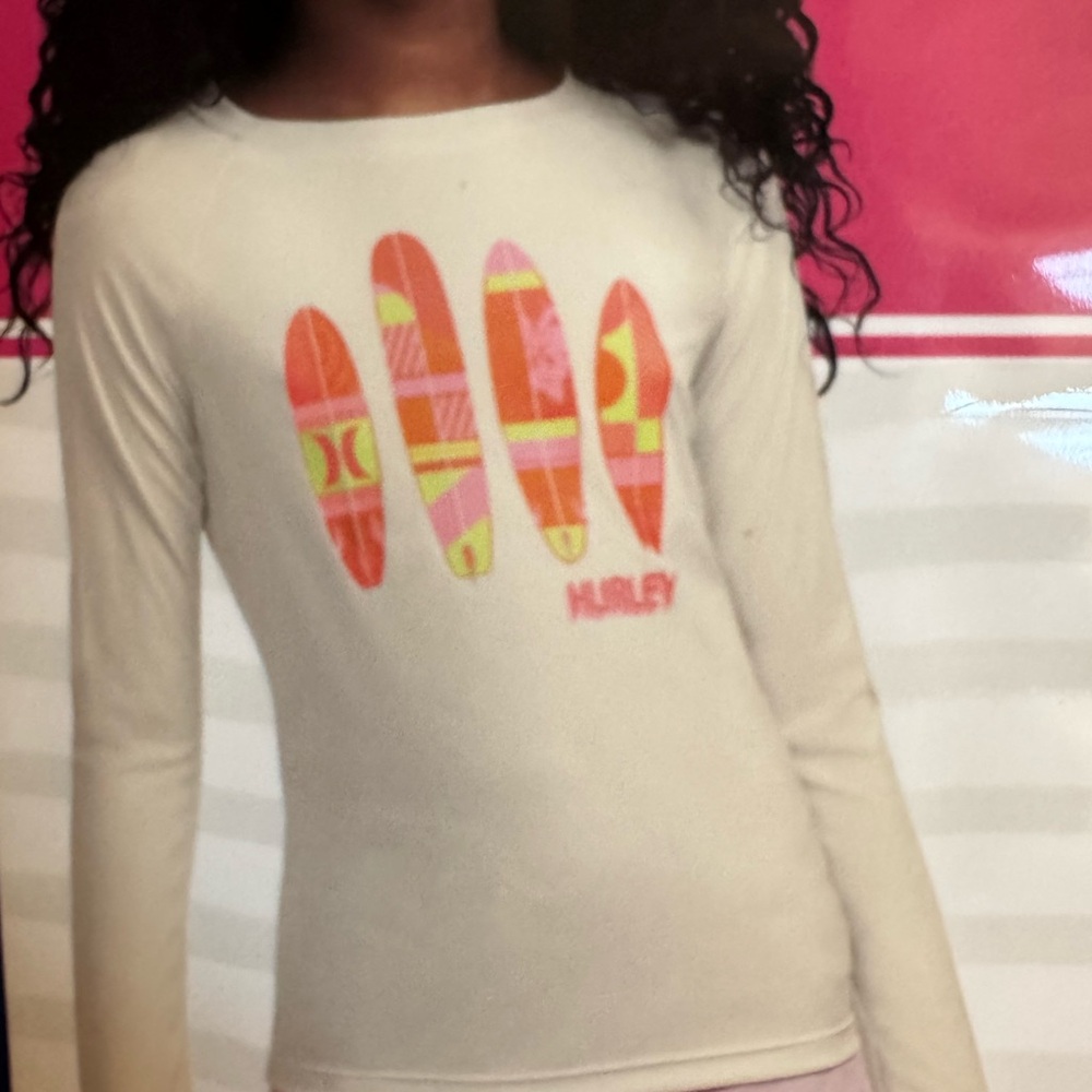 Hurley Kids' Cream Long Sleeve Tee with Colorful Surfboards